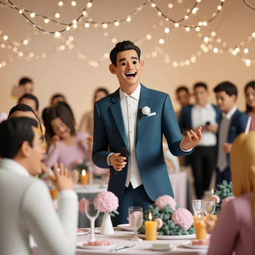A joyful host, wearing a navy blue suit and a white dress shirt, is smiling brightly as they guide guests at a wedding reception. The host holds a microphone and gestures towards the decorated tables, which are adorned with elegant floral arrangements and flickering candles. Guests, dressed in formal attire, mingle and chat, with some laughing and others taking photos. Twinkling fairy lights hang overhead, creating a warm, festive atmosphere. In the background, a live band plays upbeat music, enhancing the celebratory mood of the event.