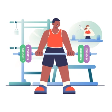 A person with medium skin and short black hair is lifting a barbell in a gym setting. The barbell has multiple weight plates attached, each labeled with different debt types such as "Student Loan," "Credit Card Debt," "Mortgage," and "Personal Loan." The individual is wearing a red tank top and black shorts, demonstrating focus and determination as they lift the weights. The background includes gym equipment, such as a bench press and free weights. A wall mirror reflects the scene, adding depth to the environment.