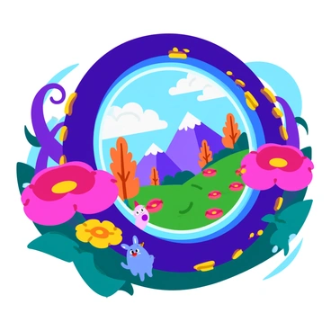 A large, glowing portal floats in the center of the image, emanating vibrant blue and purple hues. The portal is circular with intricate golden designs along its edges. Through the opening, a fantastical new world is visible, featuring towering, colorful trees with spiraling trunks and oversized, bright flowers in various shades of pink, yellow, and orange. In the distance, majestic mountains rise under a sky filled with swirling clouds in shades of lavender and turquoise. Small, whimsical creatures can be seen peeking out from behind the foliage, adding to the magical atmosphere of the scene.