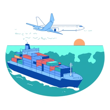 A blue cargo ship sailing through deep teal waters, loaded with containers of various colors stacked high. In the sky above, a white airplane is flying across with its wings spread wide, leaving a trail behind it. The background features a subtle outline of continents, emphasizing the connections being made. The ship appears to be heading toward a distant horizon where the sun is setting, casting an orange glow across the sky. The airplane is positioned at a higher altitude, showcasing the vast distance it covers in the landscape of global trade.