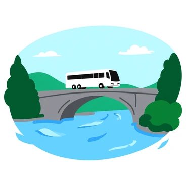 A white bus is crossing a sturdy bridge that spans a wide, flowing river. The bridge features a series of robust arches that support its structure. Below, the river glistens under the sunlight, with gentle ripples and reflections of the sky. On either side of the river, green trees and lush foliage frame the scene, adding a natural contrast to the bus and bridge. In the background, distant hills rise gently, completing the serene landscape.