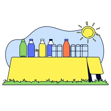 A hydration station with a variety of sports drinks in bright, colorful bottles such as neon green, electric blue, and vivid orange. There are also clear water bottles neatly arranged alongside the sports drinks. The station is set up on a table covered with a cheerful yellow tablecloth. The sun is shining down, creating a warm and inviting atmosphere at the outdoor event. In the background, there are hints of green grass and a blue sky.
