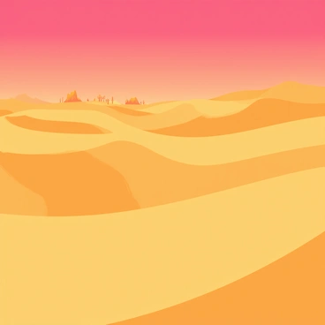 A vast desert landscape featuring rolling golden dunes under a vibrant sunset sky. The sky transitions from deep orange to soft pink hues, casting warm tones across the sandy surface. The fish-eye perspective emphasizes the curve of the horizon, creating a sense of depth and expanse. Silhouettes of sparse cacti and distant rocky formations can be seen in the background, enhancing the feeling of isolation in the desert.
