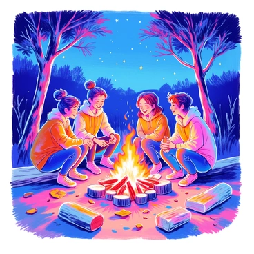 A group of four friends is sitting around a campfire at night. The flames are flickering brightly, illuminating their faces with warm light. One friend is leaning forward, animatedly sharing a story, while the others listen attentively, with smiles on their faces. The ground is covered with fallen leaves, and a few logs are placed around the fire for seating. The night sky is dotted with stars, visible above the trees that frame the scene. A gentle breeze rustles the leaves, adding to the ambiance.