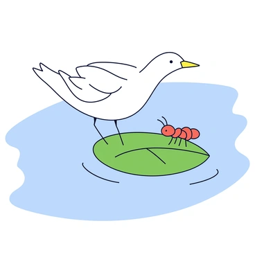 A colombe with soft white feathers is gently guiding a small, determined ant across a river. The ant is standing on a large green leaf that is floating on the water's surface. The colombe is gracefully positioned above the leaf, extending its wings slightly as if to provide support. The river has calm, clear water reflecting the blue sky, and there are gentle ripples surrounding the leaf.