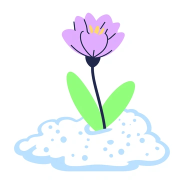 A single flower is pushing through a patch of snow. The flower has delicate petals and a slender stem, standing proudly against the snowy backdrop. The snow is freshly fallen and has a smooth, glistening surface that reflects light. Around the base of the flower, there are a few small snowflakes scattered. In the background, there are hints of snow-covered ground, emphasizing the contrast between the flower and its wintry surroundings.