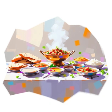 A grand banquet table is adorned with a vibrant array of traditional Indian dishes. In the center, a large brass thali holds a variety of curries, including rich butter chicken and spicy paneer tikka, surrounded by bowls of fragrant biryani and yellow dal. Fluffy naan and crispy papadums are placed on the sides, alongside colorful chutneys in small bowls. Fresh cilantro and slices of lime are scattered around the dishes for garnish. The table is set with ornate plates, cutlery, and decorative cloth, creating an inviting scene that showcases the richness of Indian cuisine.