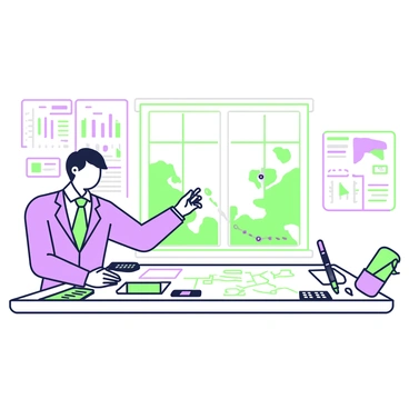 A broker is standing at a large table covered with a blueprint. The blueprint displays intricate transport routes marked in detail. The broker is wearing a suit and has a focused expression. He is holding a green marker in his right hand and is making annotations on the blueprint. Surrounding the table, there are several tools including a calculator, a green notebook, and a purple pen. The walls of the planning room are adorned with charts and maps related to transport logistics. A large window lets in natural light, illuminating the workspace.