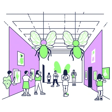 An art exhibit hall features large firefly sculptures suspended from the ceiling. Each sculpture is intricately designed, resembling oversized fireflies with elaborate wings and glowing bodies. The hall is spacious, with high ceilings and polished floors that reflect the illumination from the firefly sculptures. Along the walls, there are displays featuring smaller art pieces and paintings, adding to the ambiance of the space. The lighting creates a warm atmosphere, inviting visitors to explore the exhibit. A few people are walking around, gazing at the art and taking photos.