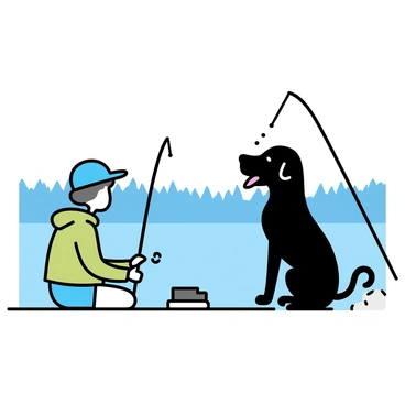 A black Labrador retriever sitting on the shore of a tranquil lake, facing a person fishing. The person is wearing a blue hat and a green jacket, focused on casting their fishing line into the water. The surface of the lake reflects the surrounding trees and blue sky. The Labrador has its tongue out, displaying excitement, with its tail wagging gently. A fishing rod is propped against a nearby rock, and a small tackle box is placed next to the person.