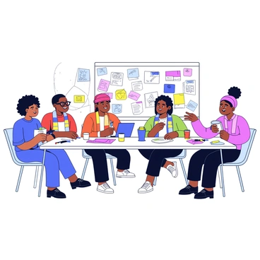 A diverse group of five artists is seated around a large rectangular table in a well-lit studio. Each artist has a unique appearance, reflecting a range of ethnicities and styles. One artist with curly hair is taking notes on a notepad, while another artist with glasses is sketching ideas on a tablet. A third artist, wearing a colorful scarf, is animatedly speaking with hand gestures. On the table are art supplies, including markers, paintbrushes, and swatches of fabric. A whiteboard in the background displays colorful notes and sketches related to their collaborative project. A coffee pot and cups are also on the table, creating a casual yet focused atmosphere.