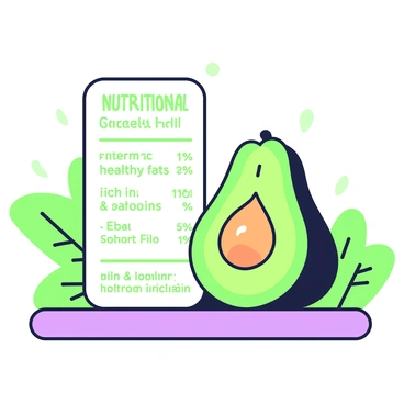 A close-up view of a vibrant green avocado resting on a wooden surface. The avocado is sliced in half, showcasing its creamy texture and rich interior. Next to the avocado, there is a nutritional label prominently displayed, detailing various health benefits such as "high in healthy fats" and "rich in vitamins". The label is clear and legible, with green outlines emphasizing the text. In the background, blurred green leaves add a touch of freshness to the scene.