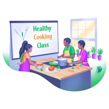 A community kitchen filled with bright, warm light and an inviting atmosphere. Several parolees of diverse backgrounds are gathered around a large wooden table, engaged in preparing healthy meals together. One person is chopping colorful vegetables, while another is stirring a pot on the stove. A large whiteboard displays the words "Healthy Cooking Class" in bold letters. Cooking utensils, bowls, and fresh ingredients are neatly arranged around them. In the background, a window reveals fresh herbs growing in pots, enhancing the feeling of a vibrant cooking environment.