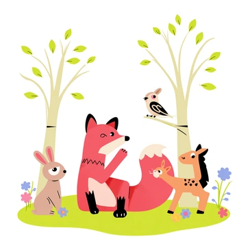 A red fox with a bushy tail is sitting comfortably on a patch of green grass. The fox has its ears perked up, showing its interest. Surrounding the fox are various forest animals, including a curious rabbit with big eyes, a wise-looking owl perched on a branch above, and a small deer standing nearby. The animals are all focused on the fox, who appears to be animatedly sharing a story. In the background, tall trees with green leaves tower over the scene, and colorful flowers dot the ground, creating a vibrant forest setting.
