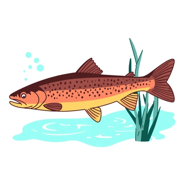 A brown trout with intricate patterns in shades of orange and yellow is swimming gracefully through crystal clear water. The fish's body is adorned with dark spots and a shimmering finish that catches the light. Surrounding the trout are hints of aquatic plants in shades of teal, swaying gently with the movement of the water. Bubbles rise from the trout's gills as it glides through its natural habitat, creating subtle ripples in the water around it.