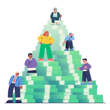 A large pyramid constructed from neatly stacked cash is prominently displayed in the center of the image. Each level of the pyramid features different people standing with puzzled expressions on their faces. On the bottom level, a man in a blue suit with a red tie looks up at the higher levels with raised eyebrows. The second level has a woman wearing a yellow blouse and green pants, her hands are on her hips as she glances around in confusion. On the third level, a teenager with a purple hoodie is scratching his head, looking bewildered. The top level has an elderly man in a fedora, holding a cane, looking down at the others with a furrowed brow. The cash stacks are vibrant green, adding a striking contrast to the individuals atop them.