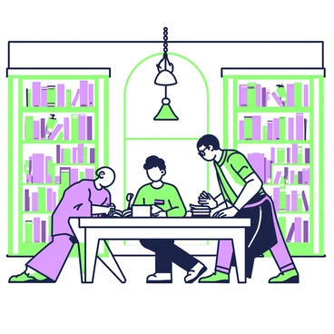 The interior of the Parliament library features high wooden shelves filled with books of varying sizes. A large wooden table is positioned in the center, where several members are engaged in research, each with open books and papers scattered around. One member, with glasses, is leaning over a book, while another is writing notes on a notepad. A window allows natural light to illuminate the space, casting soft shadows on the floor. Ornate light fixtures hang from the ceiling, adding to the intellectual atmosphere.