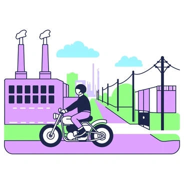 A biker is riding a motorcycle through an industrial area. The biker is wearing a black helmet and leather jacket, with gloves on both hands. The scene is filled with several factories in the background, featuring tall chimneys and large windows. To the right, there are warehouses with loading docks. The ground is paved, and there are utility poles lining the road. In the distance, a blue sky with scattered clouds is visible above the industrial landscape.