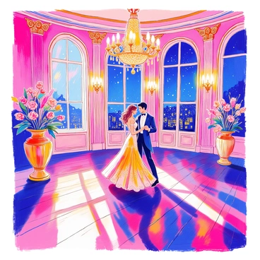 A glamorous ballroom scene unfolds at midnight, illuminated by dazzling chandeliers hanging from the ornate ceiling. Couples are elegantly dressed, with men in sharp tuxedos and women in flowing evening gowns adorned with sequins and lace. The polished wooden floor reflects the soft glow of the chandeliers as the couples sway gracefully to the music. Intricate floral arrangements in golden vases decorate the corners of the room. In the background, delicate drapery frames large arched windows, hinting at a starry night outside.