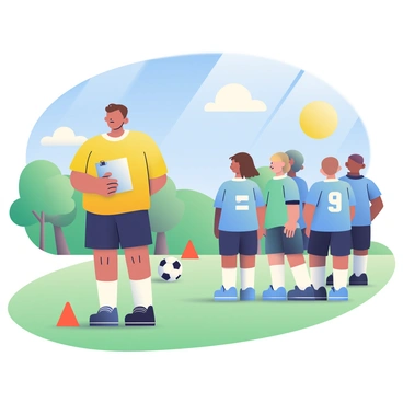 A coach with short brown hair is standing on a grassy soccer field, giving instructions to a group of young players. The coach is wearing a bright yellow jersey and black shorts, holding a clipboard in one hand. The young players, a diverse group with various hairstyles and skin tones, are wearing matching blue jerseys and black shorts, eagerly listening. The sun shines brightly in the clear blue sky, casting distinct shadows on the field. Nearby, a soccer ball sits on the grass, and a few orange cones are arranged around the practice area. In the background, trees line the edge of the field, adding greenery to the scene.