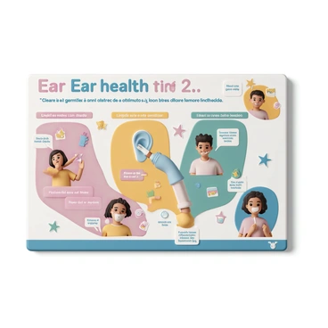 A colorful bilingual chart displaying ear health tips in both "English" and "Spanish". The chart includes sections with clear and legible text, featuring various tips such as "Clean ears gently" alongside "Limpie los oídos con cuidado". Each tip is accompanied by relevant illustrations, like a cartoon ear being cleaned with a cotton swab and a reminder to avoid loud noises. The background is vibrant and engaging, incorporating images of children of diverse ethnicities, actively taking care of their ears, creating a friendly and informative atmosphere suitable for a classroom setting.