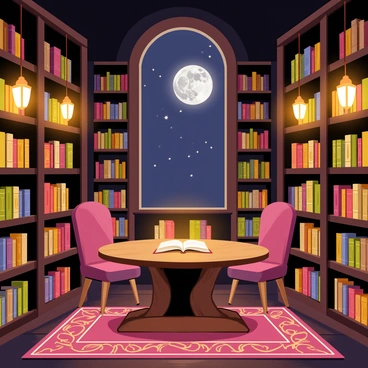 An ancient library with tall, wooden bookshelves filled with various books. The books have ornate covers and emit a soft glow, highlighting mysterious symbols etched on their spines. The room is dimly lit, with warm light coming from lanterns hanging from the ceiling. Dust particles float in the air, illuminated by the gentle glow of the books. A large, round wooden table in the center of the room is surrounded by plush, richly colored chairs. A large window shows a night sky, with a full moon casting a silvery light into the library. An intricate, patterned rug covers the floor, adding to the atmosphere of the ancient space.
