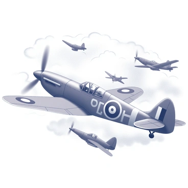 A Spitfire aircraft is shown in an aerial dogfight. The plane is depicted with its iconic elliptical wings and markings visible on its fuselage. In the background, multiple enemy planes are seen engaged in the battle, with distinct shapes and silhouettes. The sky is filled with billowing clouds, creating a sense of movement and intensity. Smoke trails can be seen where the planes are maneuvering, adding to the dramatic atmosphere of the scene.