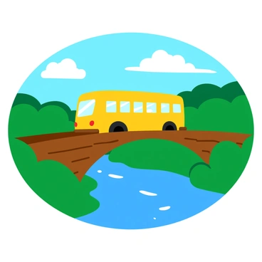 A yellow school bus is crossing over a scenic bridge. The bridge is arched and has a wooden texture, connecting two lush green hills. The bus is vibrant and shiny, with large windows reflecting the bright sunlight. Below the bridge, a clear blue river flows gently, with a few ripples visible on the surface. In the background, there are fluffy white clouds floating in a clear blue sky, adding to the picturesque scene.