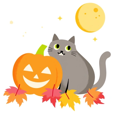 A fluffy gray cat with bright green eyes is sitting beside a carved pumpkin with a smiling face. The pumpkin is glowing from the candle inside, casting a warm orange light. Above, a large full moon is shining brightly in a starry sky. The ground is covered with colorful autumn leaves in shades of orange, red, and yellow. Shadows from the moonlight create interesting shapes around them.