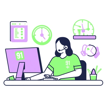 A 911 operator is seated at a desk, focused on a phone. She has shoulder-length hair and wears a headset. In front of her, there is a computer monitor displaying emergency response software and a notebook where she is writing down information. The operator has a calm expression as she speaks into the phone, conveying reassurance. Surrounding her are various emergency response tools, such as a flashlight and a first aid kit. A clock on the wall shows the time, indicating urgency and the need for quick response.