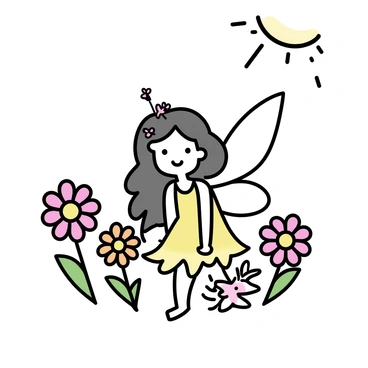 A garden fairy with delicate wings, sitting among vibrant "gerbera daisies." The fairy has long, flowing hair adorned with small flowers. She is wearing a dress made of leaves and petals, blending harmoniously with the surrounding flora. The petals of the "gerbera daisies" are bright pink, orange, and yellow, creating a colorful backdrop. Sunlight filters through the leaves overhead, casting soft shadows on the ground.