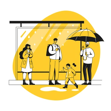 A small group of people with umbrellas waiting at a bus stop in the rain