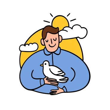 A dove with white feathers and a small beak is sitting calmly in a man’s gentle, open hand. The man has light skin and short brown hair. He is wearing a light blue shirt and smiling softly. The background features a sunny day with a few clouds. The man’s hand is slightly cupped, creating a safe space for the dove, symbolizing peace and tranquility.
