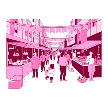 A pink street market filled with colorful stalls is bustling with activity. Each stall is adorned with vibrant decorations, showcasing an array of festive treats like sugary pastries and colorful candies. People of various ages can be seen browsing the stalls, some holding bags filled with gifts and treats. The atmosphere is lively, with vendors cheerfully calling out to attract customers, and lights hanging above the market creating a warm ambiance. A large festive banner spans across the street, adding to the celebratory feel of the scene.