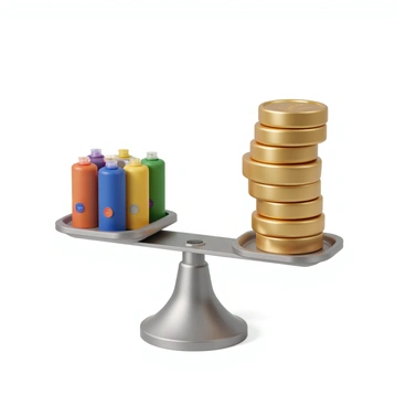 A scale with a shiny metallic finish, balanced at the center. On one side of the scale, there are several paint tubes in various colors including red, blue, yellow, and green, arranged neatly. Each tube has a cap and a label indicating the color inside. On the other side of the scale, there are a stack of gold coins, gleaming with a polished surface, piled high. The coins vary in size but maintain a uniform gold color, reflecting light. The background is simple and unobtrusive to emphasize the balance between the two sides.