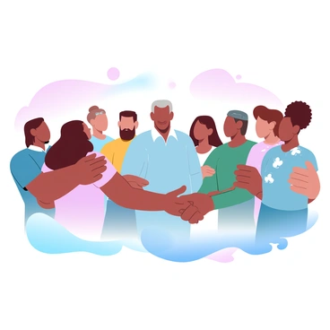 Nelson Mandela is standing in the center, shaking hands with a group of people representing various cultural backgrounds. Each individual has distinct clothing that reflects their heritage, including vibrant colors and traditional patterns. The scene captures a sense of unity and diversity, with people of different ages and genders engaging warmly with Mandela. In the background, there are subtle hints of a celebratory atmosphere, with soft gradient pastel colors blending harmoniously.