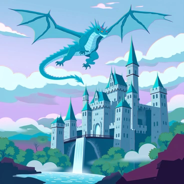 A large, fierce dragon with shimmering scales and outstretched wings is soaring high above a medieval castle. The dragon's wings are wide and majestic, capturing the light as it glides effortlessly through the sky. Below, the castle features tall stone towers with pointed roofs and a drawbridge that spans a deep, winding moat. Surrounding the castle is a mystical landscape filled with lush green forests, gently rolling hills, and a river that sparkles in the sunlight. Wisps of fog linger around the castle, adding to the enchanting atmosphere of the scene. The sky is a mix of vibrant colors, with swirling clouds creating a dramatic backdrop for the flying dragon and the majestic castle below.