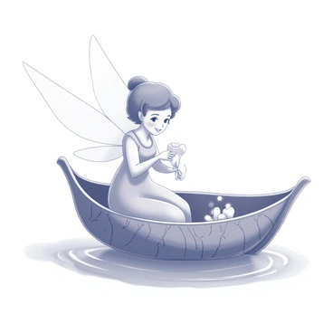 A tooth fairy with delicate, translucent wings is sailing across a calm sea. She is seated on a leaf-shaped boat, which gently glides over the water. The boat has intricate veins resembling those of an actual leaf and is supported by a small, ornate sail that flutters softly in the breeze. The fairy is wearing a flowing dress made from shimmering fabric that catches the light. She holds a small pouch filled with teeth in one hand, while the other hand is outstretched as if guiding the boat forward. The sea is peaceful, with gentle ripples reflecting the fairy's boat. In the distance, a faint horizon line separates the water from the sky.