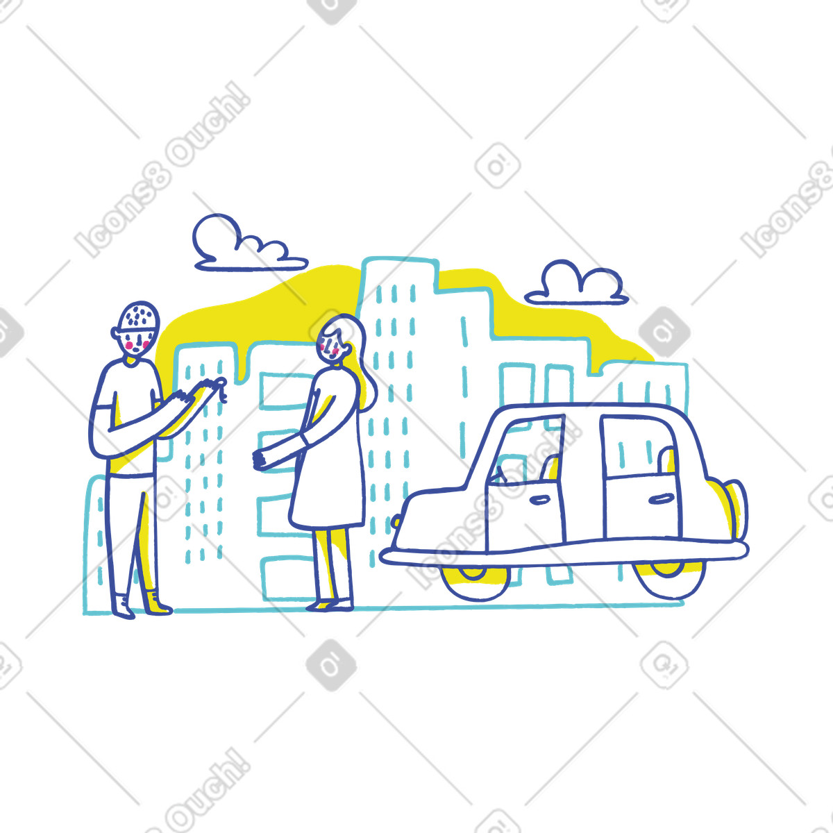 Illustration Homme remettant les clés de voiture à une femme dans le style Lime télécharger aux formats PNG, SVG
