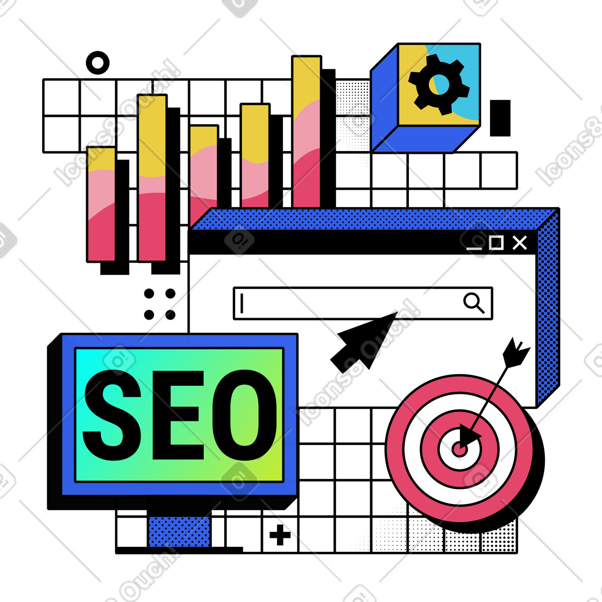 Ilustración Seo con objetivo, gráfico y ventana de ordenador en estilo Memphis a descargar en PNG SVG