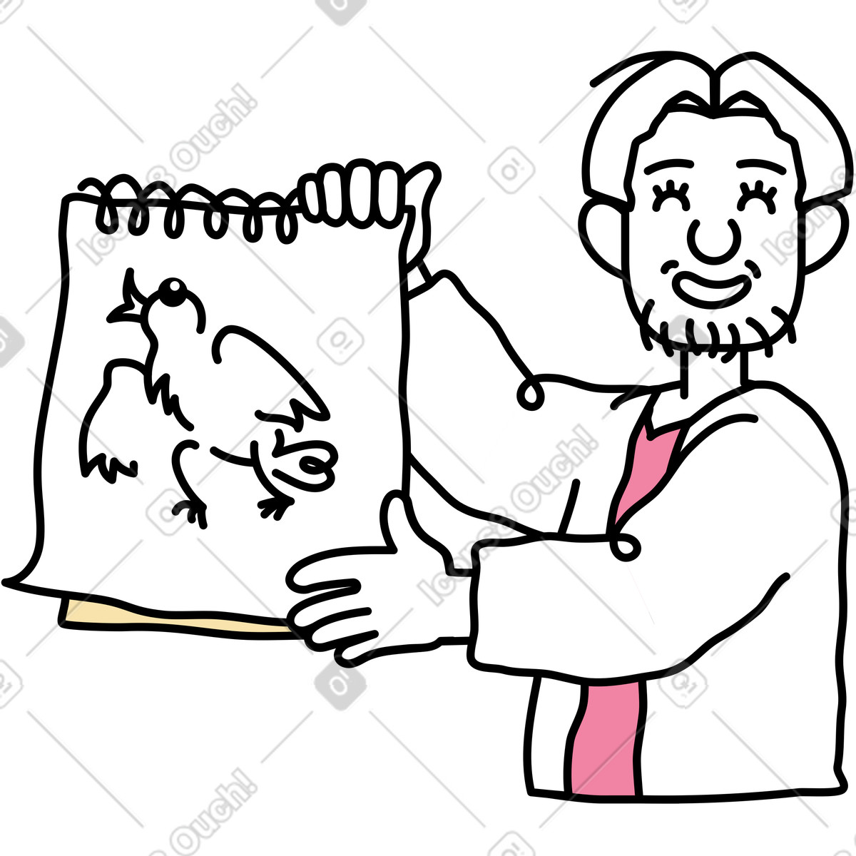 Mann zeigt seine zeichnung-Illustration im Notes-Stil als Download in PNG, SVG