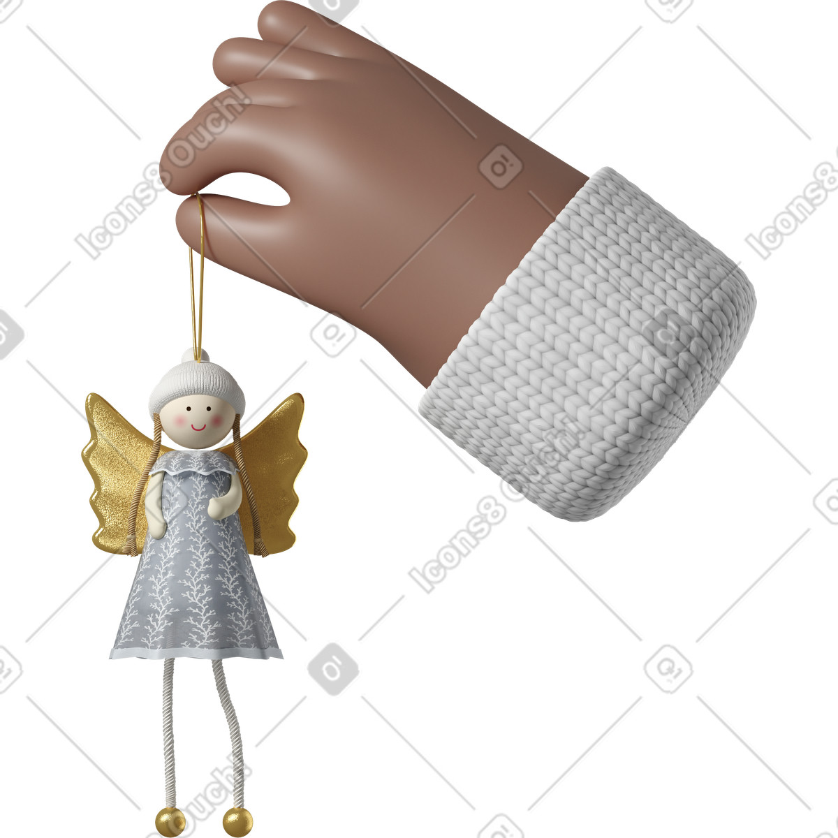3D Hands Fun&Wild スタイルの クリスマスの天使のおもちゃを持っている茶色の肌の手 のイラストをPNG、SVG形式でダウンロード