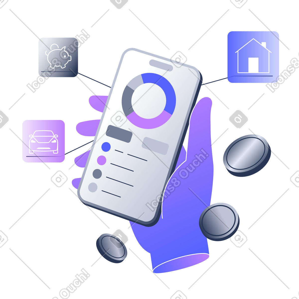 Illustration Gestion des finances personnelles dans l'application le style Lucent à télécharger aux formats PNG, SVG
