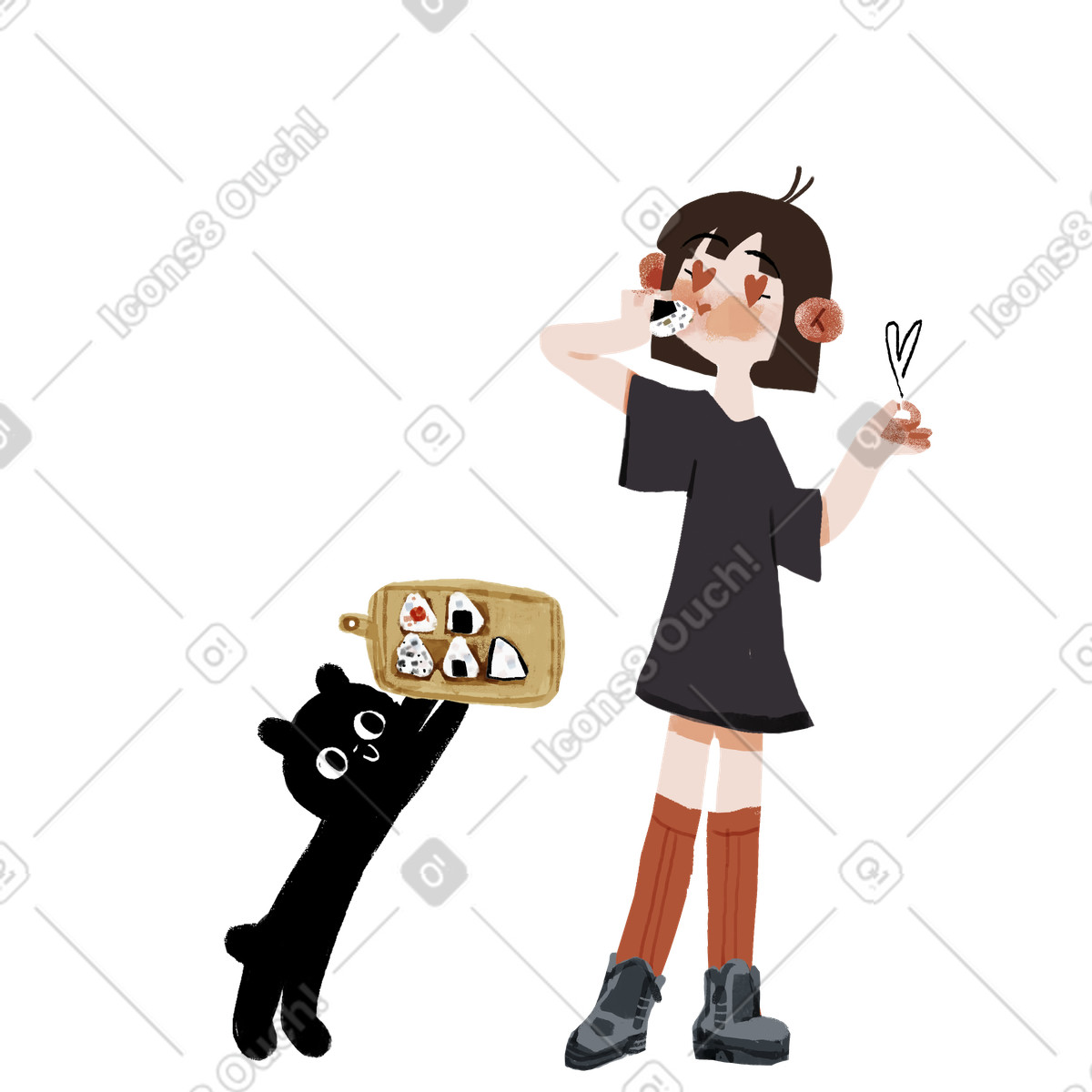 Ilustración Gato sirviendo onigiri a una niña en estilo Ikigai descargar en PNG y SVG