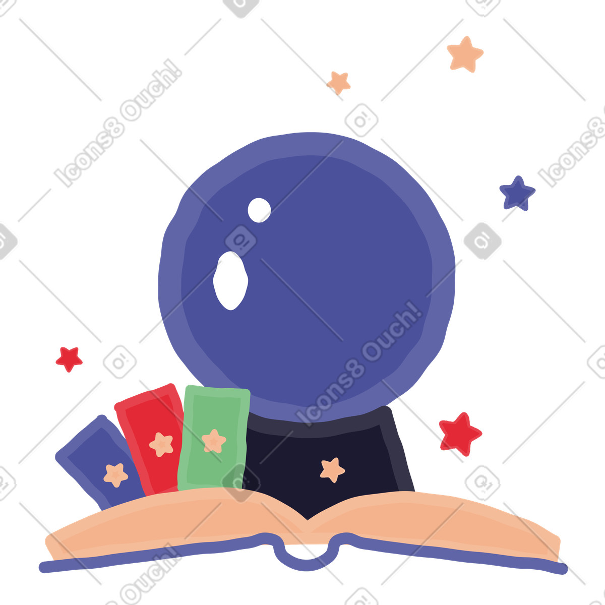 Magic crystal ball with tarot cards and open book illustration in Stripy style download in PNG, SVG