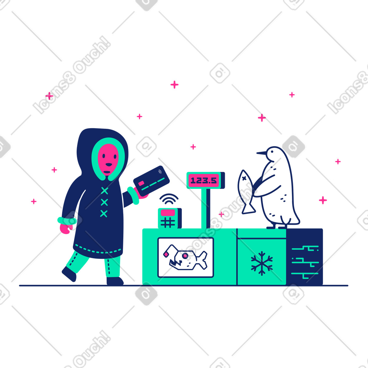 Illustration Homme achetant du poisson de pingouin à l'épicerie dans le style Cyborg télécharger aux formats PNG, SVG