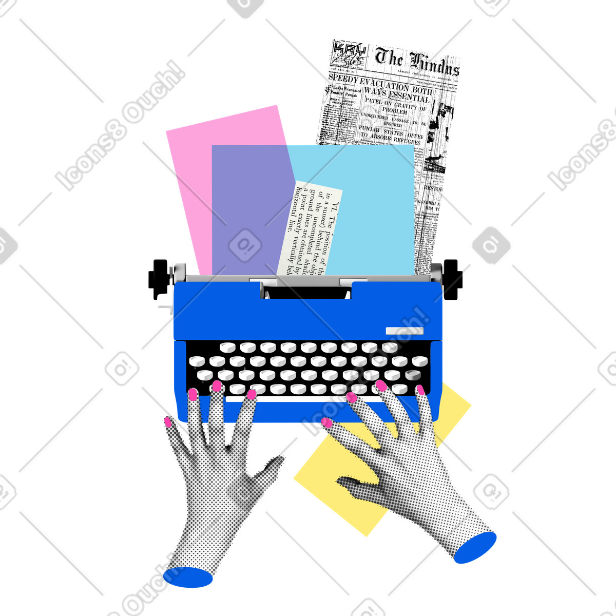 Hands typing on vintage typewriter illustration in PNG, SVG