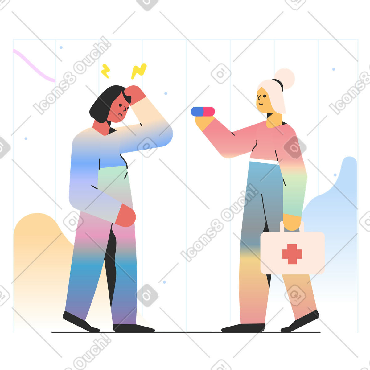 Ilustração de Mulher recebendo comprimido para dor cabeça do médico em no estilo Marginalia baixar em PNG, SVG