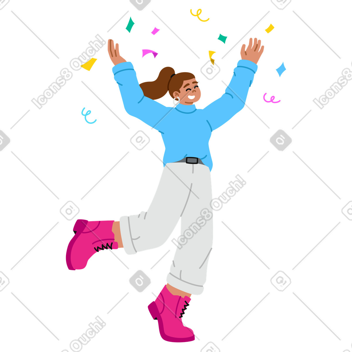 Иллюстрация Young woman celebrating success and throwing confetti в стиле Active — скачать в форматах PNG, SVG