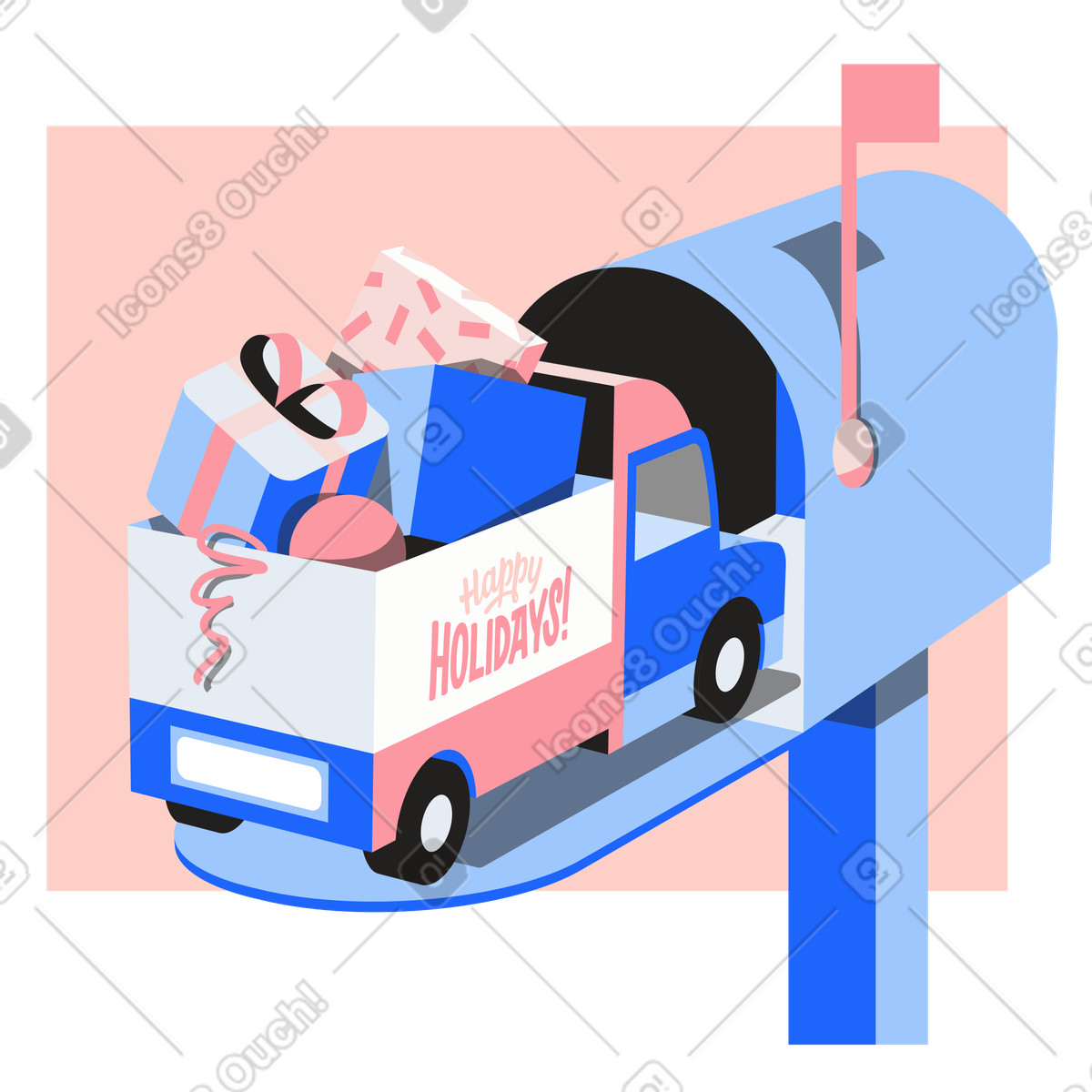 Holiday delivery truck inside mailbox, Festive season shipping illustration in Editorial style download in PNG, SVG